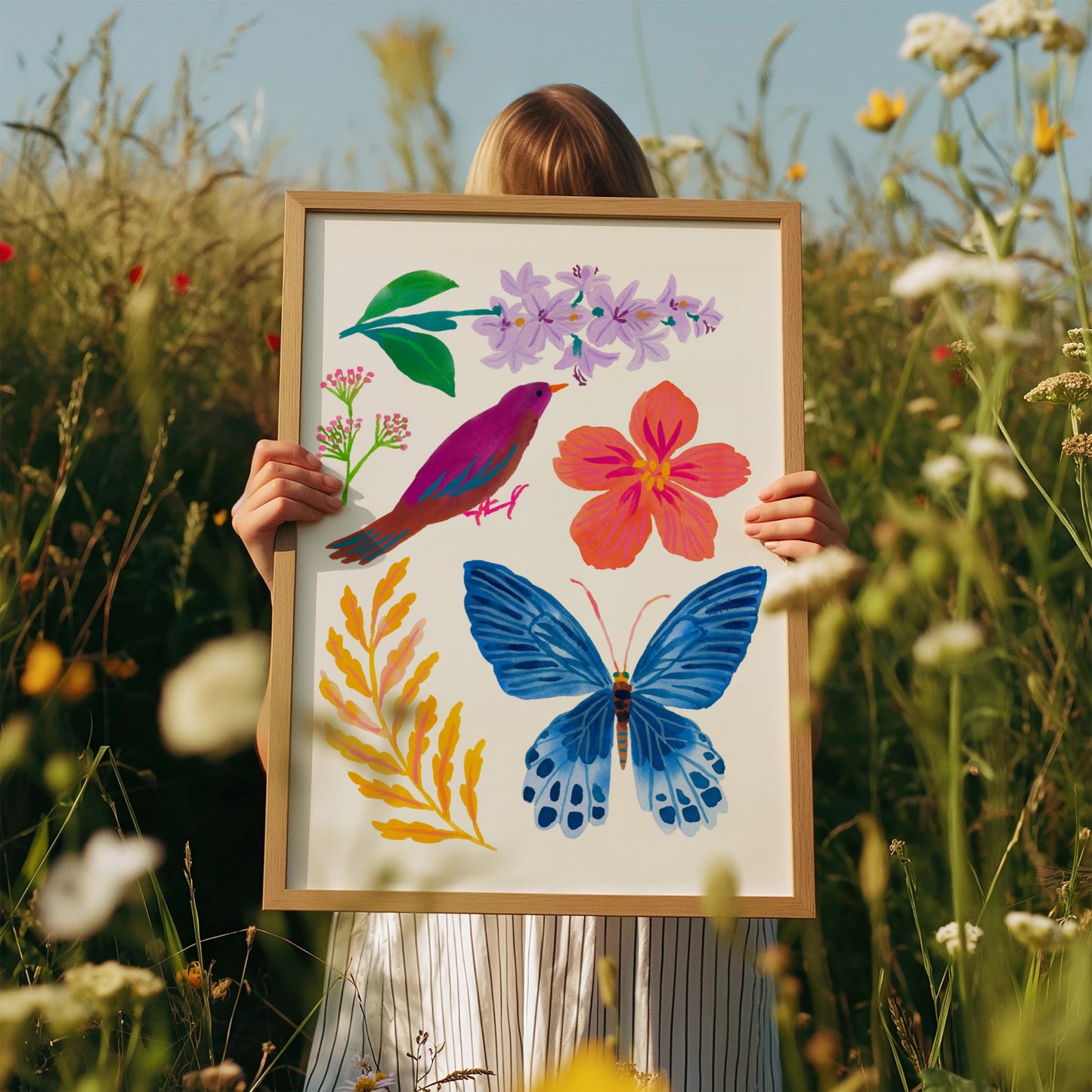 High-quality archival giclée art print by Sun Lee from the "Whispers of Spring" collection, featuring vibrant watercolor and gouache illustration of flowers, birds, and butterflies. Perfect for modern boho, Scandinavian, and nature-inspired homes, as well as eclectic and minimalist spaces. Ideal for nurseries and children's rooms, bringing color, joy, and tranquility to any space.