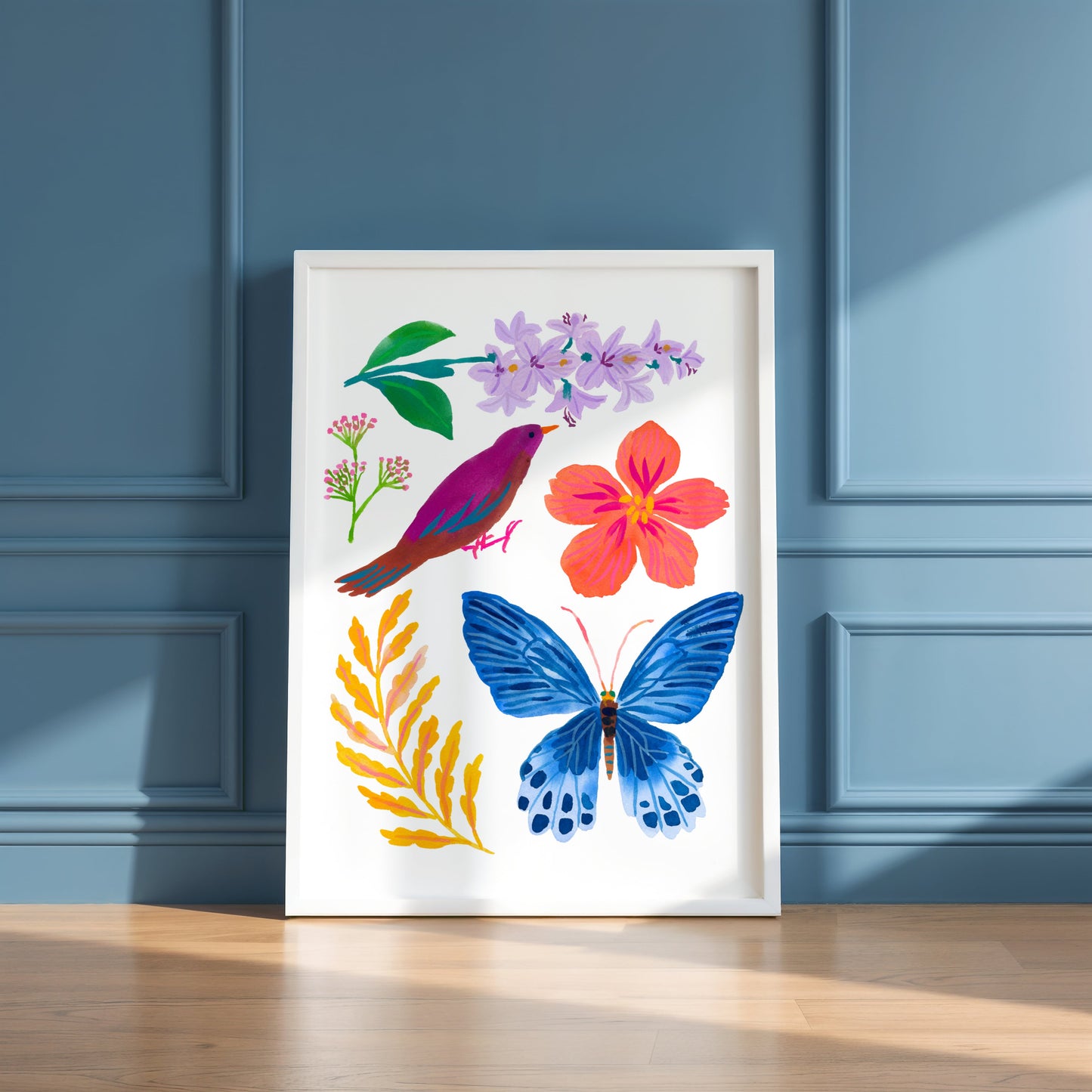 High-quality archival giclée art print by Sun Lee from the "Whispers of Spring" collection, featuring vibrant watercolor and gouache illustration of flowers, birds, and butterflies. Perfect for modern boho, Scandinavian, and nature-inspired homes, as well as eclectic and minimalist spaces. Ideal for nurseries and children's rooms, bringing color, joy, and tranquility to any space.