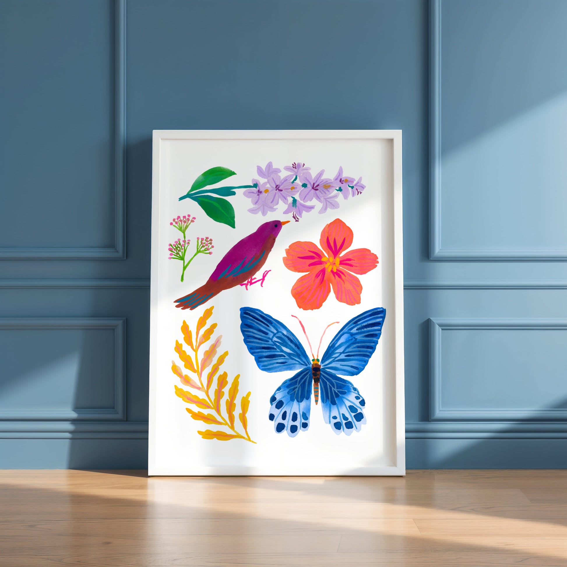 High-quality archival giclée art print by Sun Lee from the "Whispers of Spring" collection, featuring vibrant watercolor and gouache illustration of flowers, birds, and butterflies. Perfect for modern boho, Scandinavian, and nature-inspired homes, as well as eclectic and minimalist spaces. Ideal for nurseries and children's rooms, bringing color, joy, and tranquility to any space.