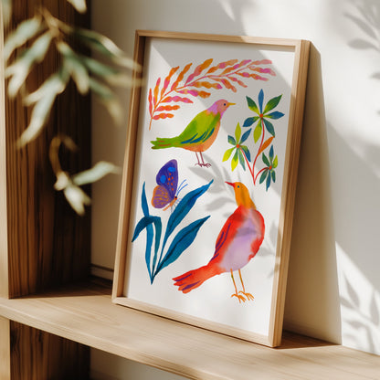 High-quality giclée print by Sun Lee from the "Whispers of Spring" collection, featuring vibrant watercolor and gouache painting of flowers, birds, butterflies, and insects. This aesthetic watercolor artwork brings color, joy, and tranquility to any space. Ideal for modern boho, Scandinavian, nature-inspired, eclectic, and minimalist homes—perfect for nurseries and children's rooms.

