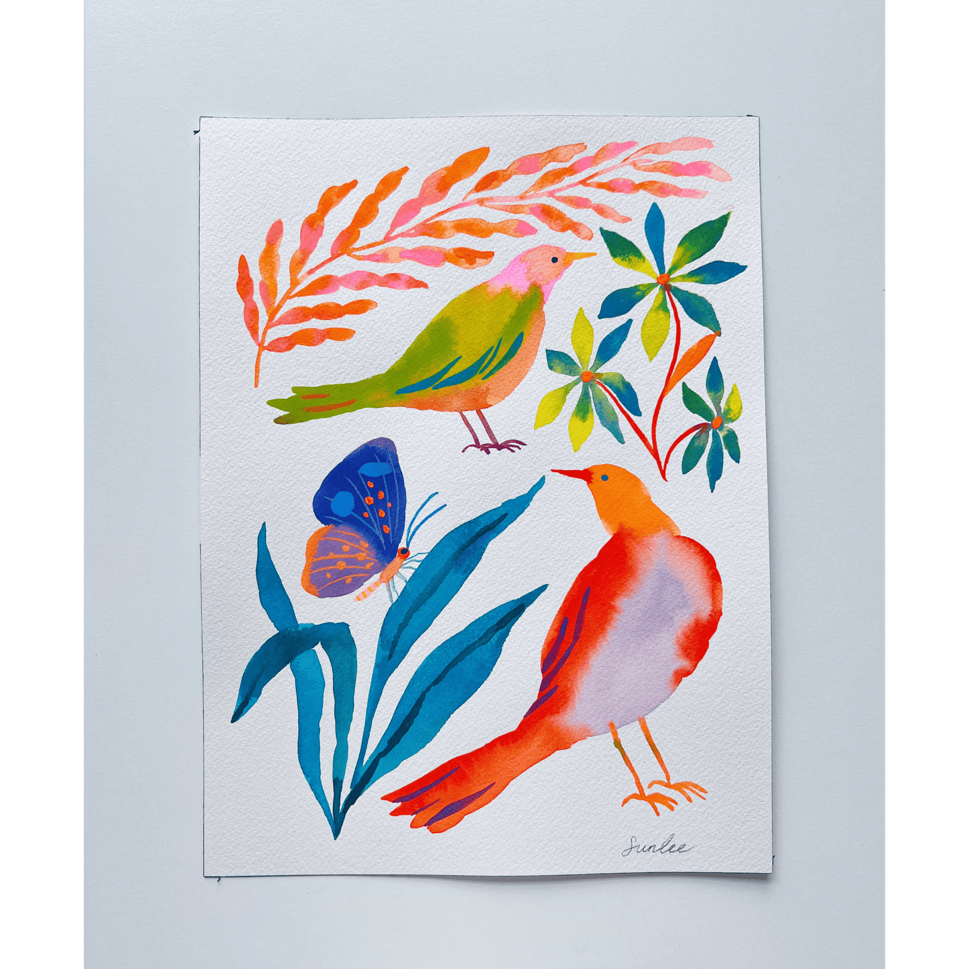 Original gouache, watercolor, and acrylic painting by Sun Lee from the 'Whispers of Spring' collection. This vibrant piece features a whimsical depiction of nature with bright flowers, butterflies, and birds, capturing the energy and beauty of spring. Perfect for nature lovers and those seeking aesthetic watercolor and gouache artwork, bringing joy and color to your space.