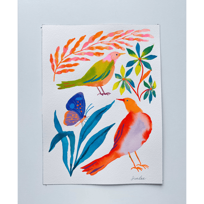 Original gouache, watercolor, and acrylic painting by Sun Lee from the 'Whispers of Spring' collection. This vibrant piece features a whimsical depiction of nature with bright flowers, butterflies, and birds, capturing the energy and beauty of spring. Perfect for nature lovers and those seeking aesthetic watercolor and gouache artwork, bringing joy and color to your space.