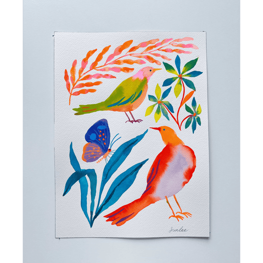 Original gouache, watercolor, and acrylic painting by Sun Lee from the 'Whispers of Spring' collection. This vibrant piece features a whimsical depiction of nature with bright flowers, butterflies, and birds, capturing the energy and beauty of spring. Perfect for nature lovers and those seeking aesthetic watercolor and gouache artwork, bringing joy and color to your space.