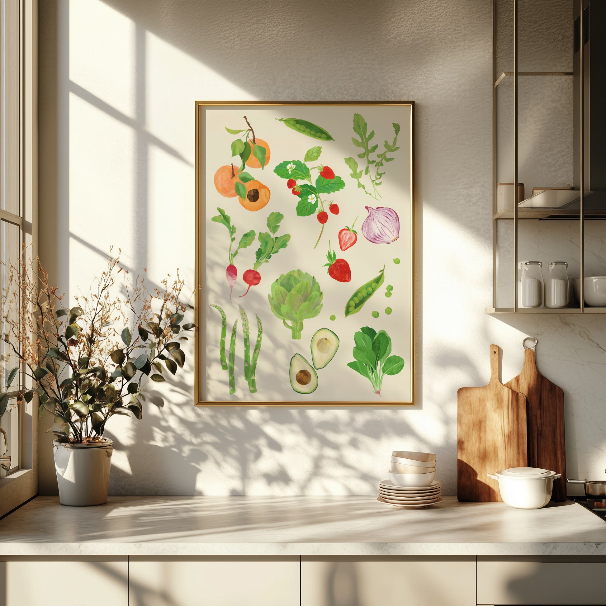 Spring harvest fruits and vegetables art print, perfect for food lovers and kitchen decor.