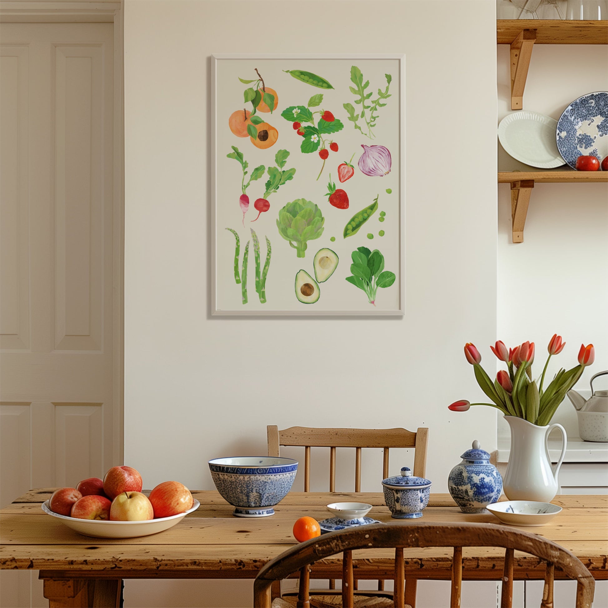 Spring harvest fruits and vegetables art print, perfect for food lovers and kitchen decor.
