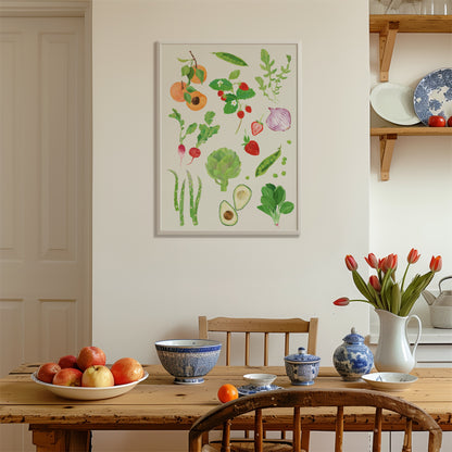 Spring harvest fruits and vegetables art print, perfect for food lovers and kitchen decor.