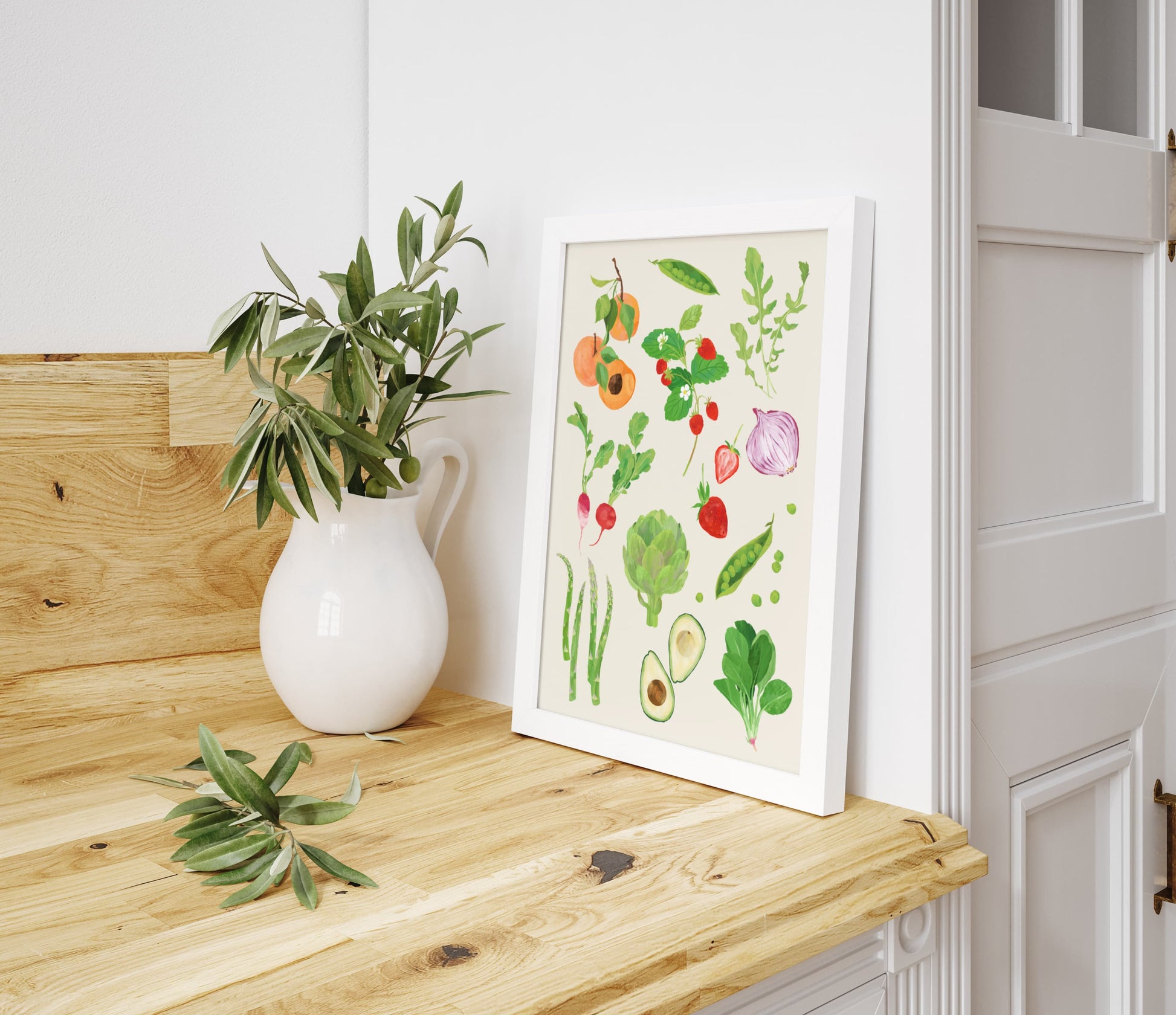 Spring harvest fruits and vegetables art print, perfect for food lovers and kitchen decor.