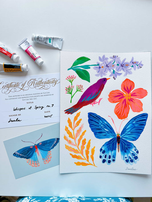 Original gouache, watercolor, and acrylic painting by Sun Lee from the 'Whispers of Spring' collection. This vibrant piece features a whimsical depiction of nature with bright flowers, butterflies, and birds, capturing the energy and beauty of spring. Perfect for nature lovers and those seeking aesthetic watercolor and gouache artwork, bringing joy and color to your space.