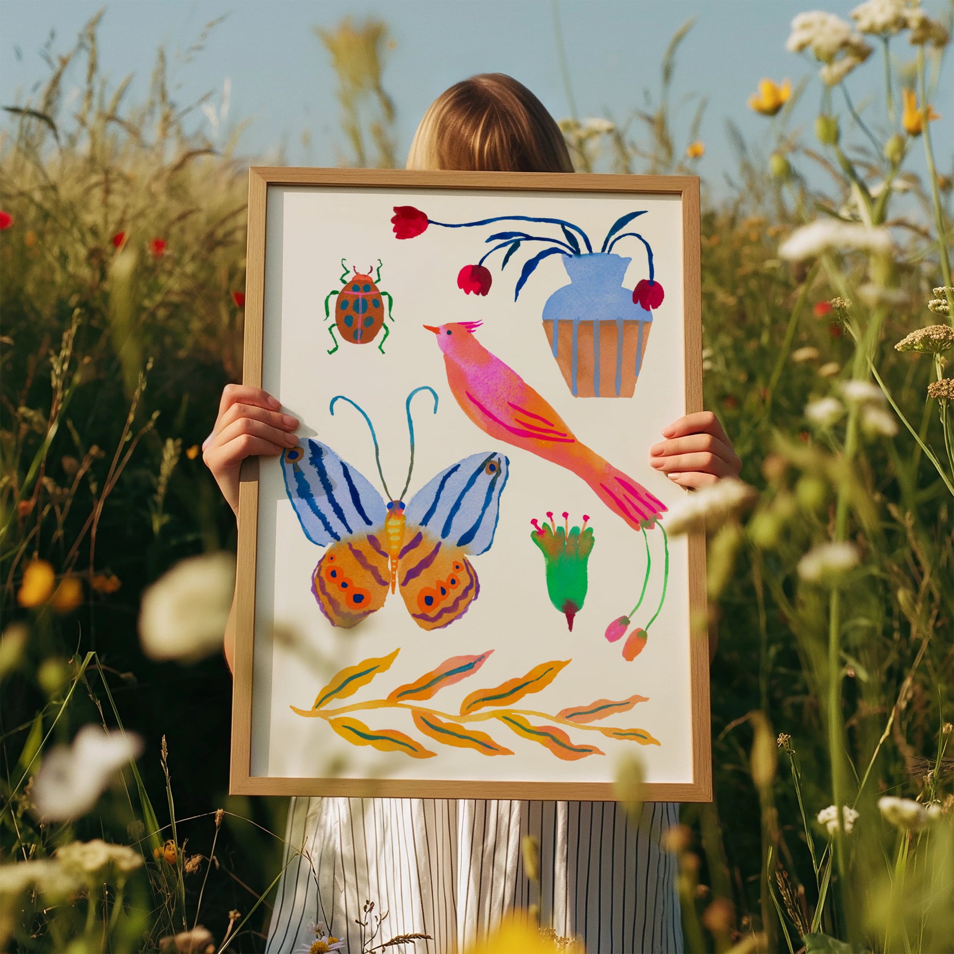 High-quality archival giclée art print by Sun Lee from the "Whispers of Spring" collection, featuring vibrant watercolor and gouache illustration of flowers, birds, and butterflies. Perfect for modern boho, Scandinavian, and nature-inspired homes, as well as eclectic and minimalist spaces. Ideal for nurseries and children's rooms, bringing color, joy, and tranquility to any space.