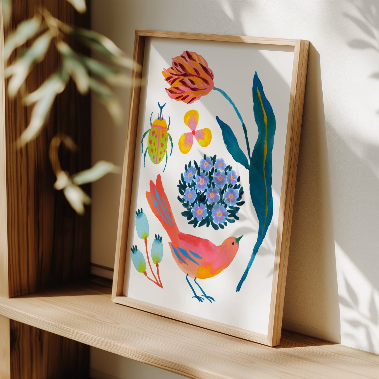 High-quality archival giclée art print by Sun Lee from the "Whispers of Spring" collection, featuring vibrant watercolor and gouache illustration of flowers, birds, and butterflies. Perfect for modern boho, Scandinavian, and nature-inspired homes, as well as eclectic and minimalist spaces. Ideal for nurseries and children's rooms, bringing color, joy, and tranquility to any space.