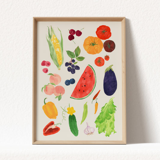 Colorful hand-illustrated summer fruits and vegetables art print by Sun Lee, perfect for kitchen or dining room decor.