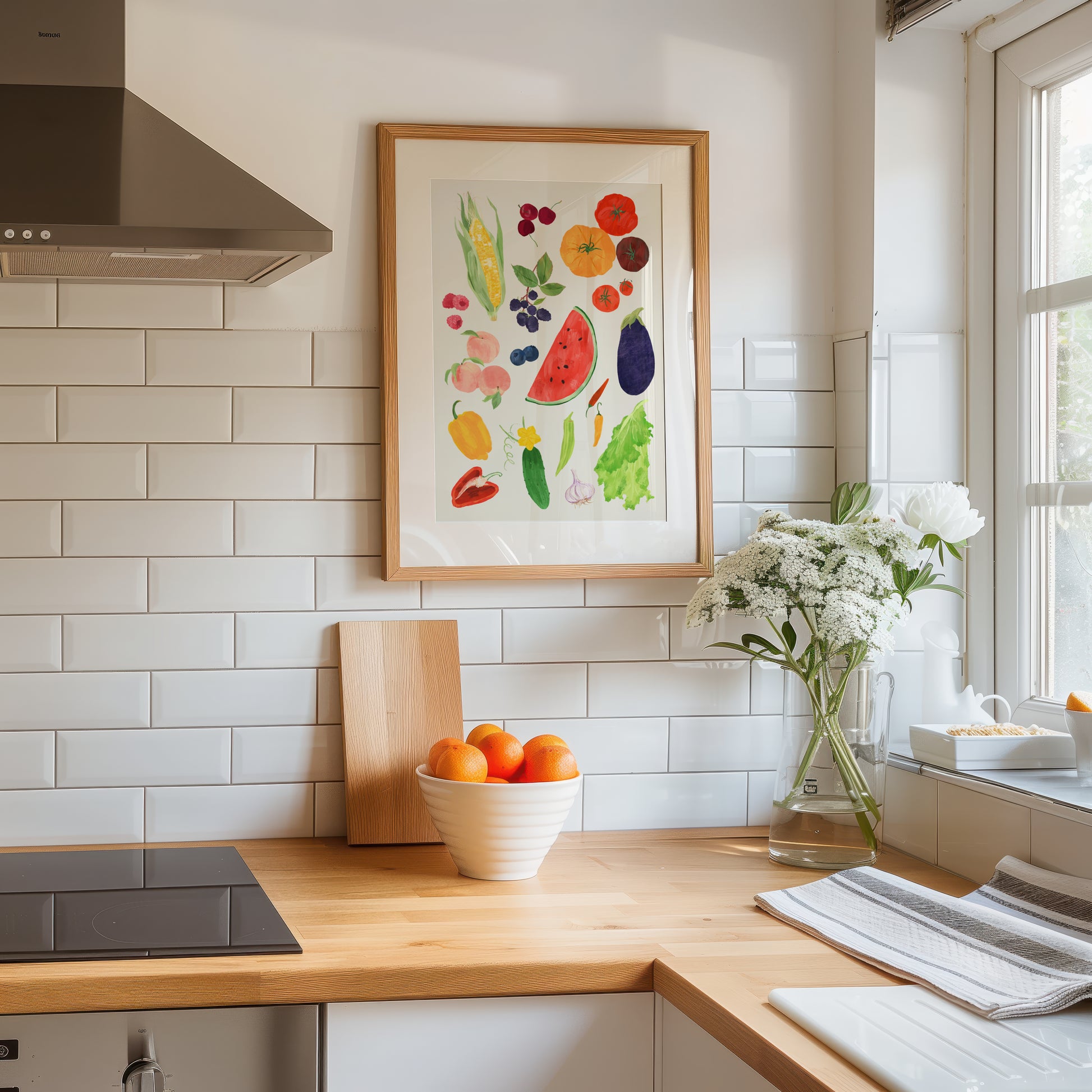 Vibrant summer harvest art print featuring seasonal fruits and vegetables like peaches, watermelon, corn, and tomatoes.