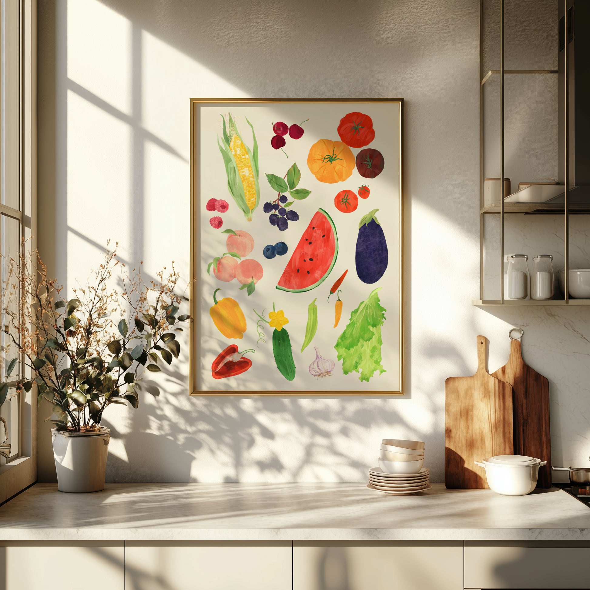 Vibrant summer harvest art print featuring seasonal fruits and vegetables like peaches, watermelon, corn, and tomatoes.