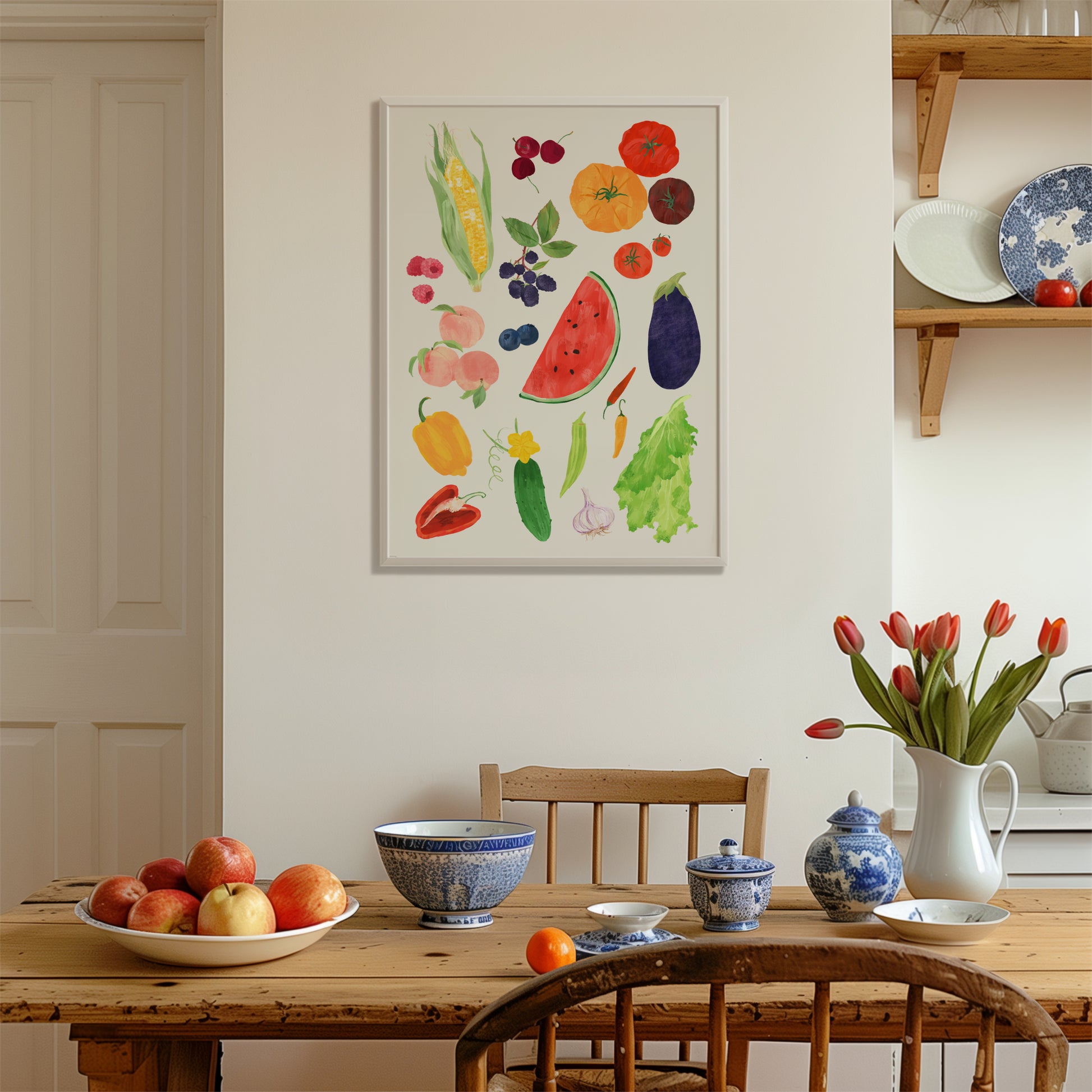 Vibrant summer harvest art print featuring seasonal fruits and vegetables like peaches, watermelon, corn, and tomatoes.