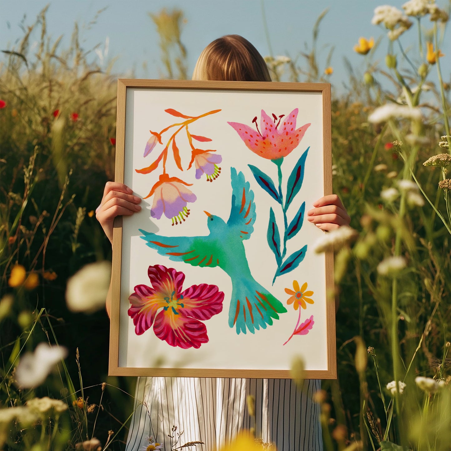 High-quality giclée print by Sun Lee from the "Whispers of Spring" collection, featuring vibrant watercolor and gouache painting of flowers, birds, butterflies, and insects. This aesthetic watercolor artwork brings color, joy, and tranquility to any space. Ideal for modern boho, Scandinavian, nature-inspired, eclectic, and minimalist homes—perfect for mother's day gift

