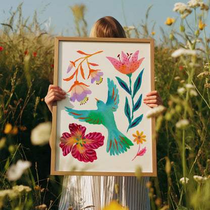 High-quality giclée print by Sun Lee from the "Whispers of Spring" collection, featuring vibrant watercolor and gouache painting of flowers, birds, butterflies, and insects. This aesthetic watercolor artwork brings color, joy, and tranquility to any space. Ideal for modern boho, Scandinavian, nature-inspired, eclectic, and minimalist homes—perfect for mother's day gift

