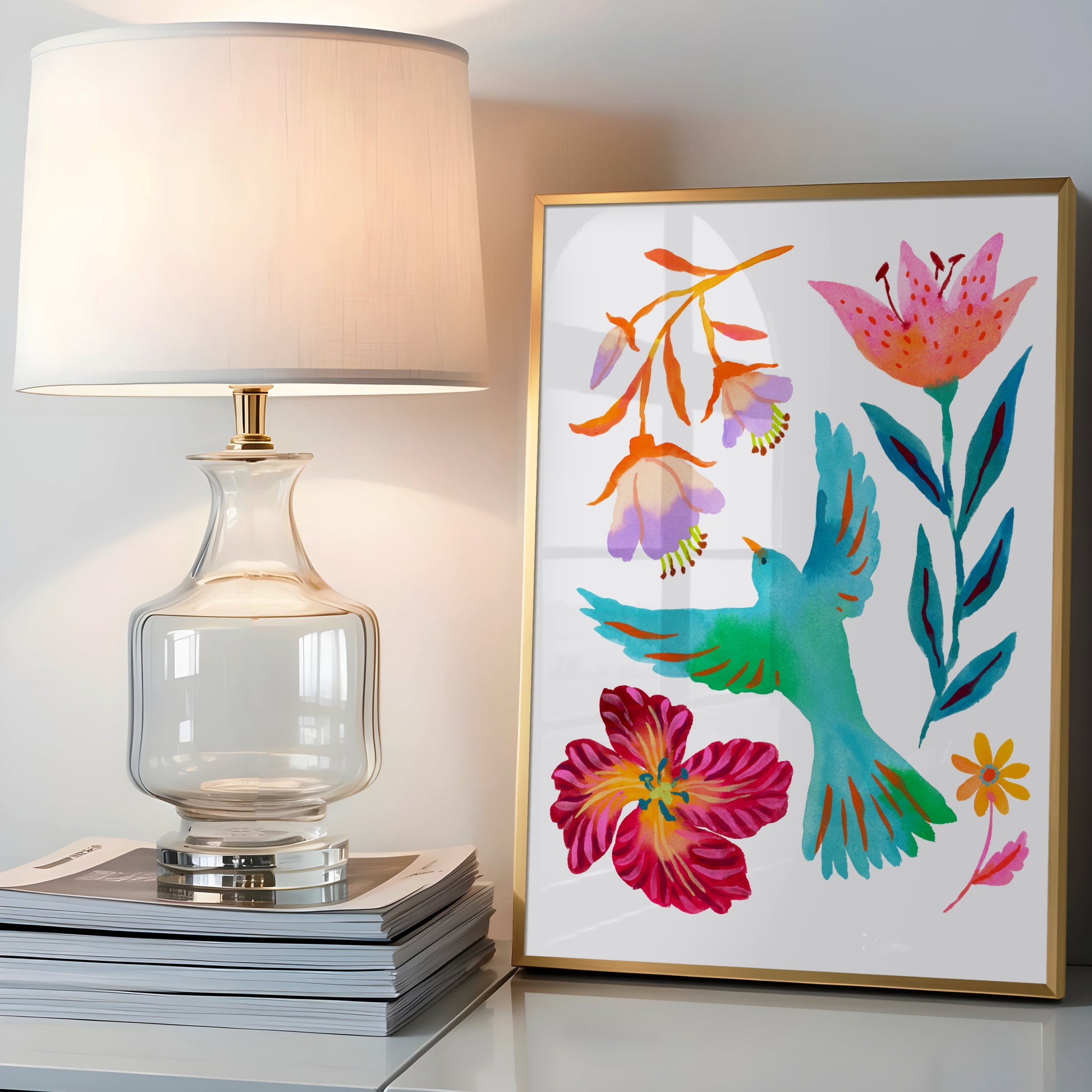 High-quality giclée print by Sun Lee from the "Whispers of Spring" collection, featuring vibrant watercolor and gouache painting of flowers, birds, butterflies, and insects. This aesthetic watercolor artwork brings color, joy, and tranquility to any space. Ideal for modern boho, Scandinavian, nature-inspired, eclectic, and minimalist homes—perfect for nurseries and children's rooms.

