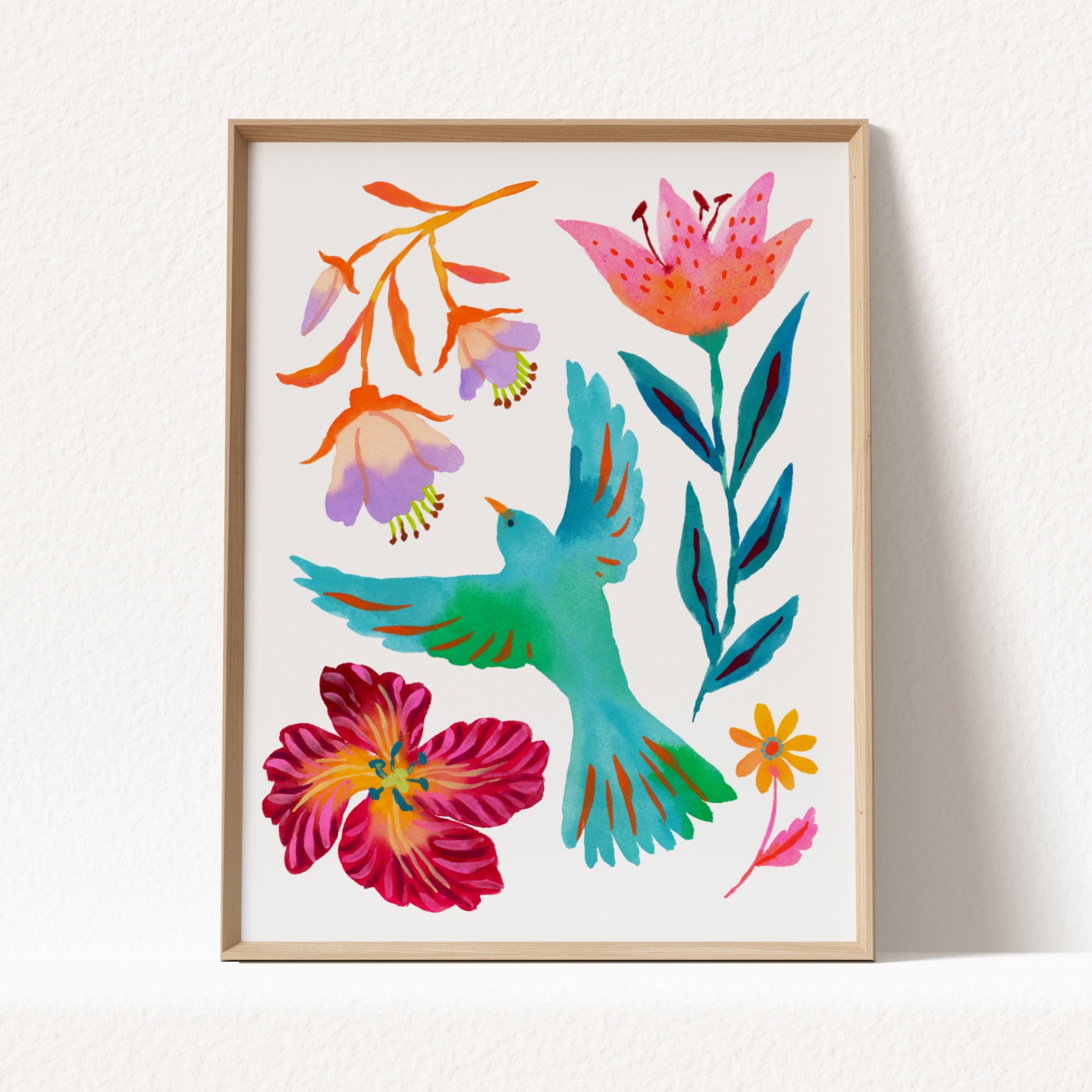 High-quality giclée print by Sun Lee from the "Whispers of Spring" collection, featuring vibrant watercolor and gouache painting of flowers, birds, butterflies, and insects. This aesthetic watercolor artwork brings color, joy, and tranquility to any space. Ideal for modern boho, Scandinavian, nature-inspired, eclectic, and minimalist homes—perfect for nurseries and children's rooms.

