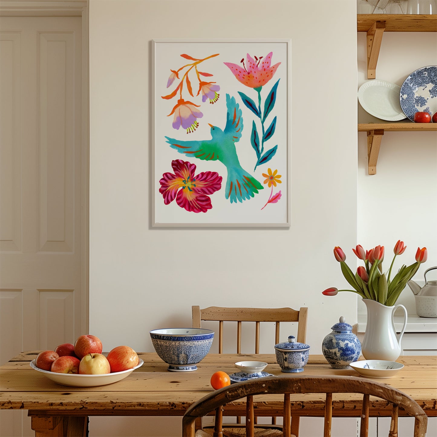 High-quality giclée print by Sun Lee from the "Whispers of Spring" collection, featuring vibrant watercolor and gouache painting of flowers, birds, butterflies, and insects. This aesthetic watercolor artwork brings color, joy, and tranquility to any space. Ideal for modern boho, Scandinavian, nature-inspired, eclectic, and minimalist homes—perfect for nurseries and children's rooms.

