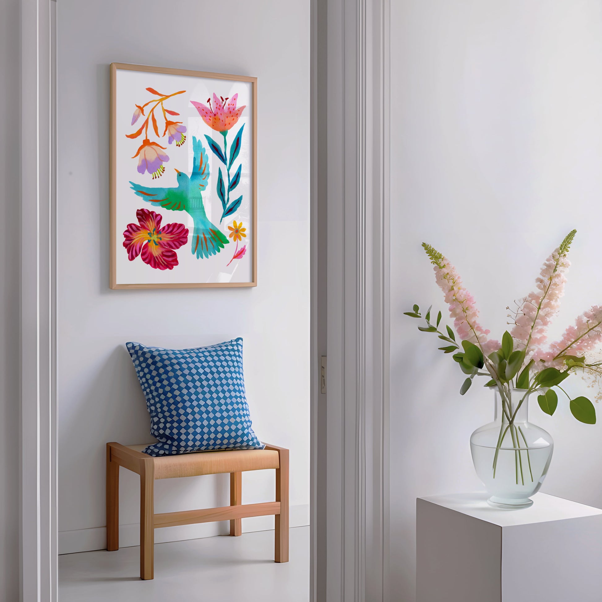 High-quality giclée print by Sun Lee from the "Whispers of Spring" collection, featuring vibrant watercolor and gouache painting of flowers, birds, butterflies, and insects. This aesthetic watercolor artwork brings color, joy, and tranquility to any space. Ideal for modern boho, Scandinavian, nature-inspired, eclectic, and minimalist homes—perfect for nurseries and children's rooms.

