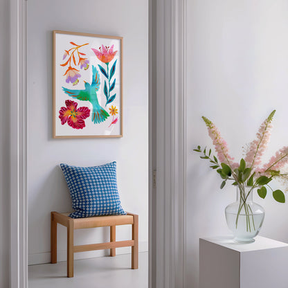 High-quality giclée print by Sun Lee from the "Whispers of Spring" collection, featuring vibrant watercolor and gouache painting of flowers, birds, butterflies, and insects. This aesthetic watercolor artwork brings color, joy, and tranquility to any space. Ideal for modern boho, Scandinavian, nature-inspired, eclectic, and minimalist homes—perfect for nurseries and children's rooms.

