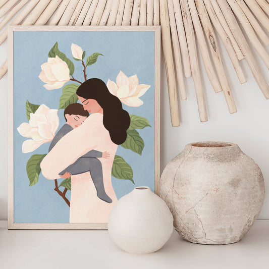 Tender art print of a mother holding her sleeping baby, surrounded by magnolia flowers – a serene and heartfelt illustration celebrating love and connection