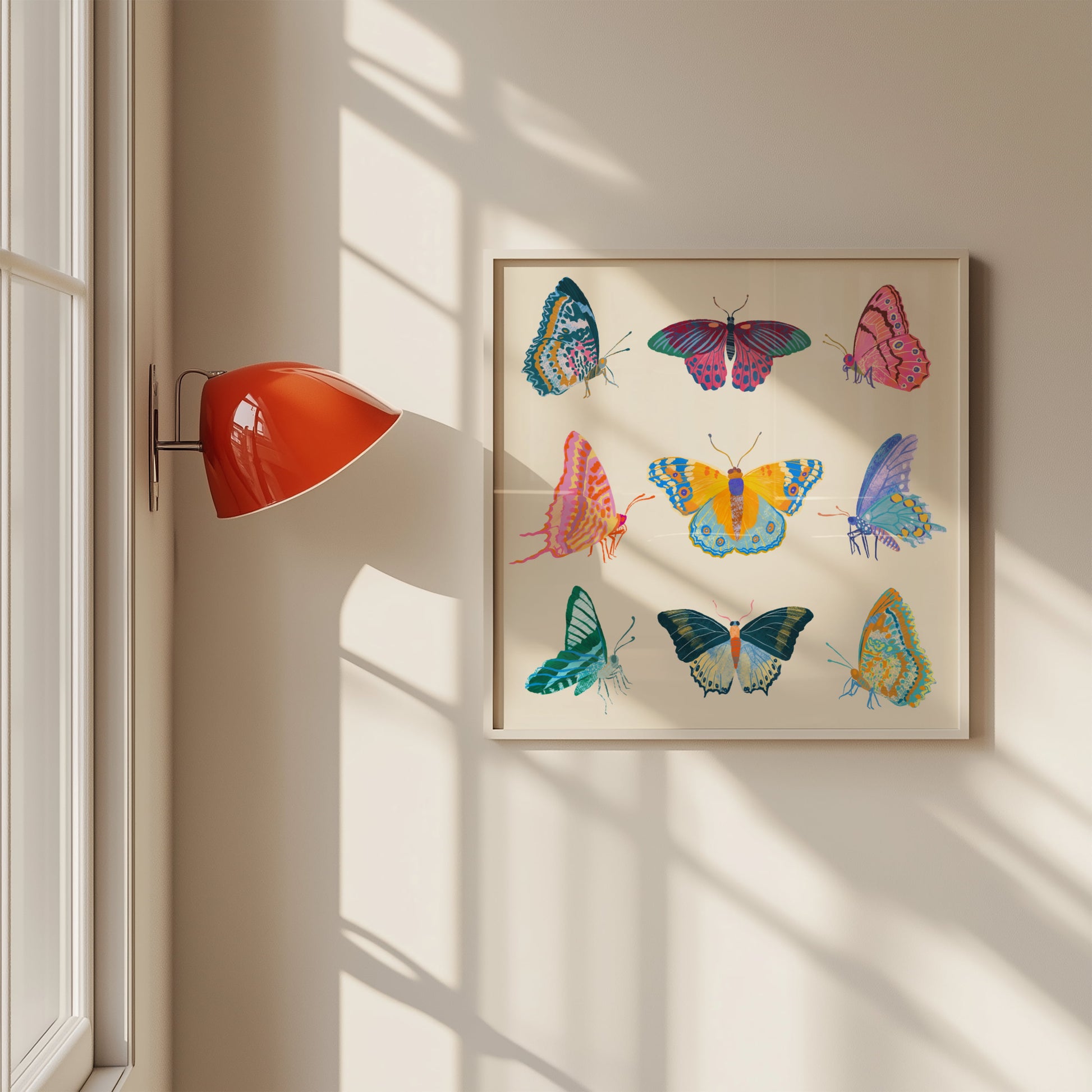 Illustration of a vibrant collection of butterflies inspired by tropical colors – lively and colorful nature art print for modern home decor