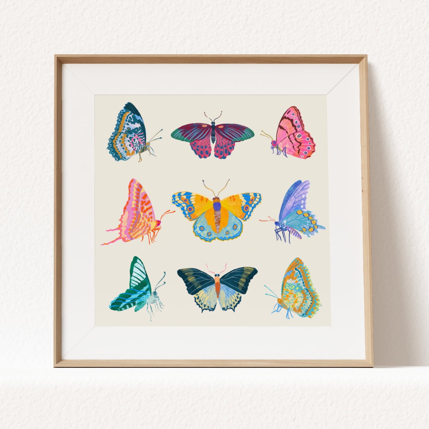 Illustration of a vibrant collection of butterflies inspired by tropical colors – lively and colorful nature art print for modern home decor
