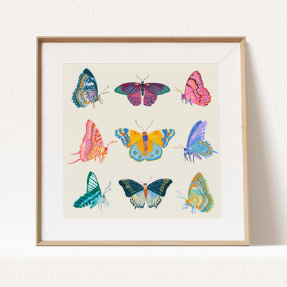 Illustration of a vibrant collection of butterflies inspired by tropical colors – lively and colorful nature art print for modern home decor