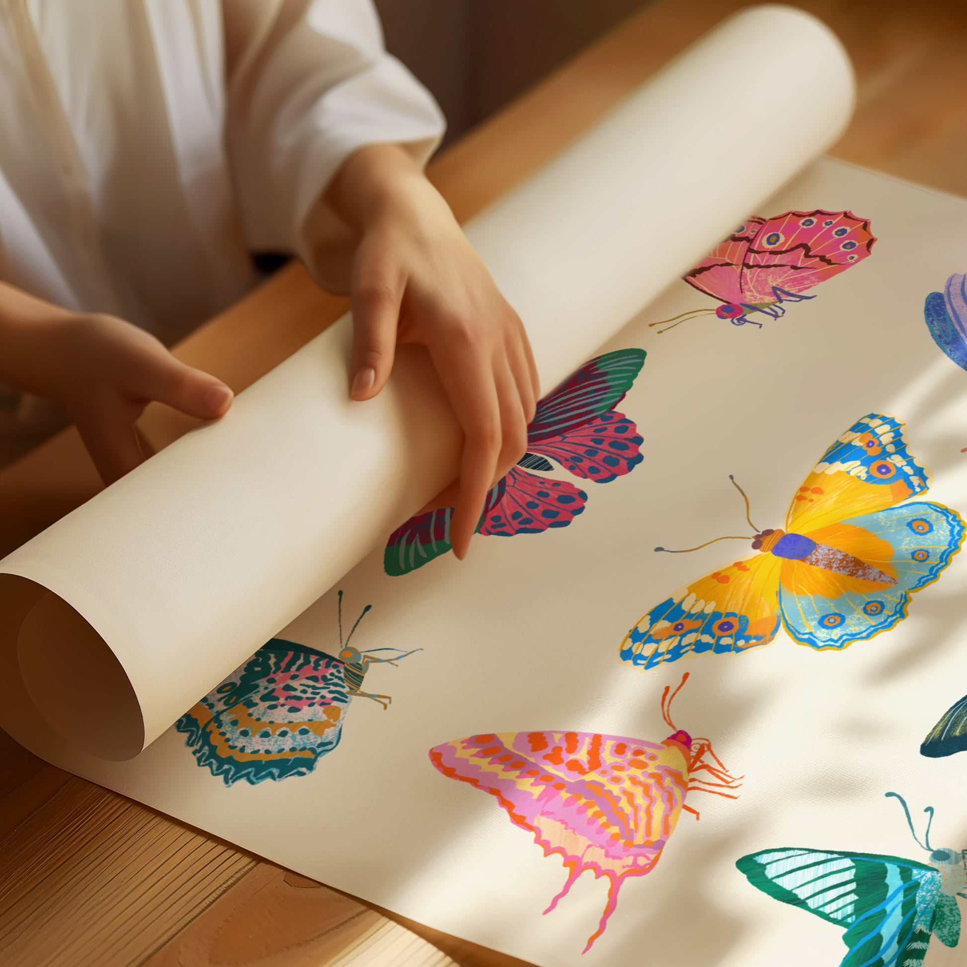 Illustration of a vibrant collection of butterflies inspired by tropical colors – lively and colorful nature art print for modern home decor