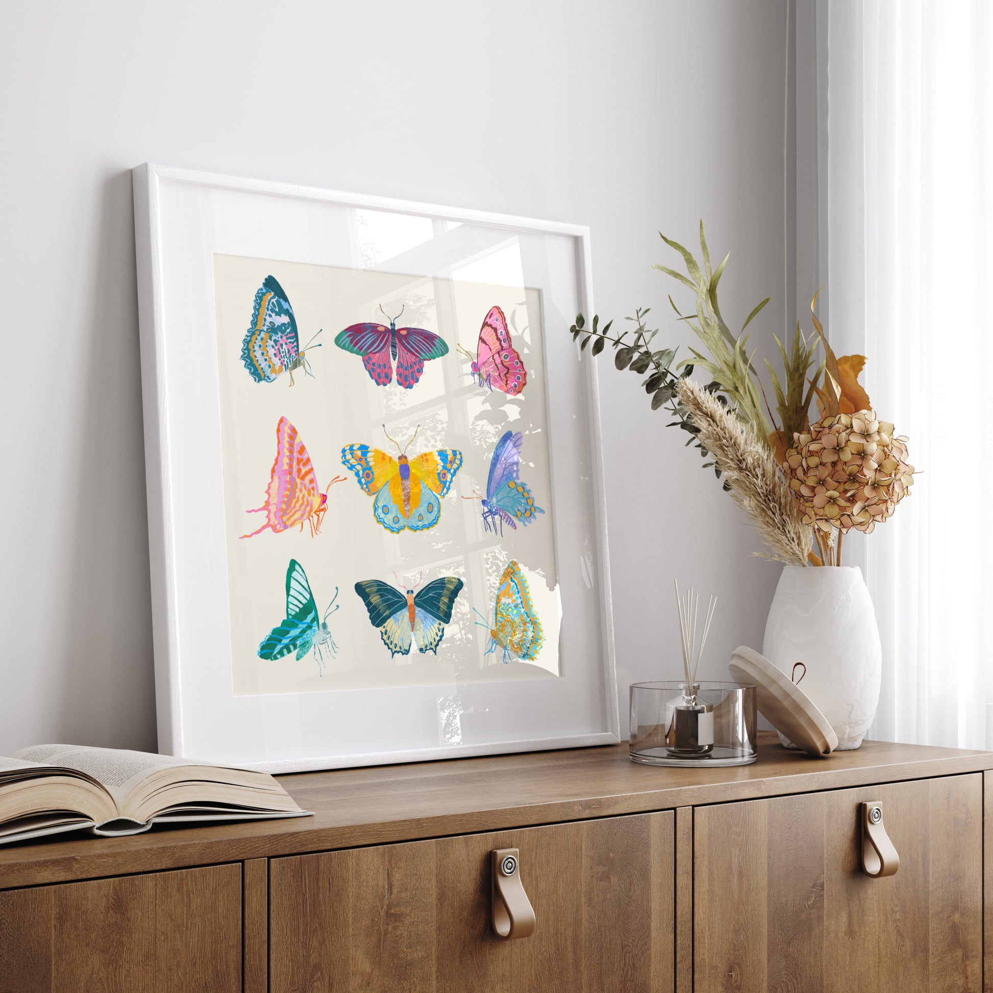 Illustration of a vibrant collection of butterflies inspired by tropical colors – lively and colorful nature art print for modern home decor
