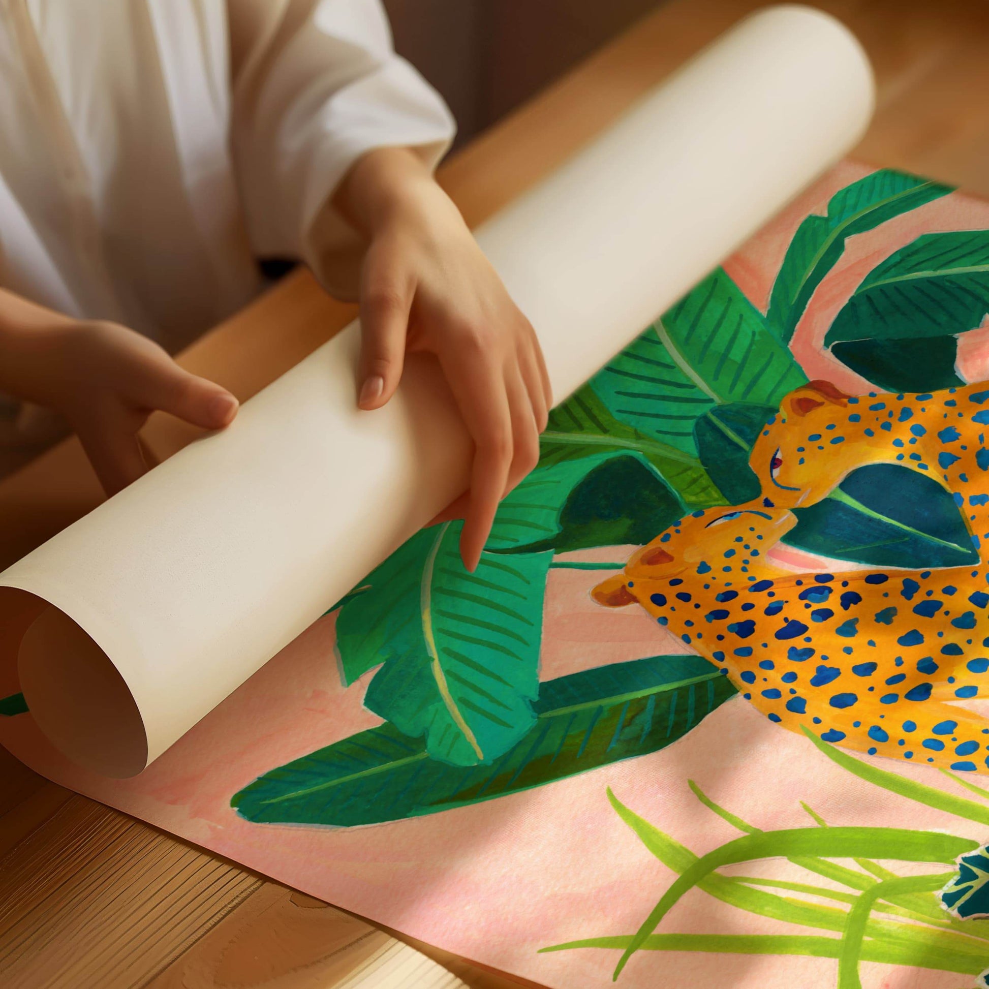 Gouache art print by Sun Lee features two cheetahs and tropical flora. A bold, high quality giclée print.