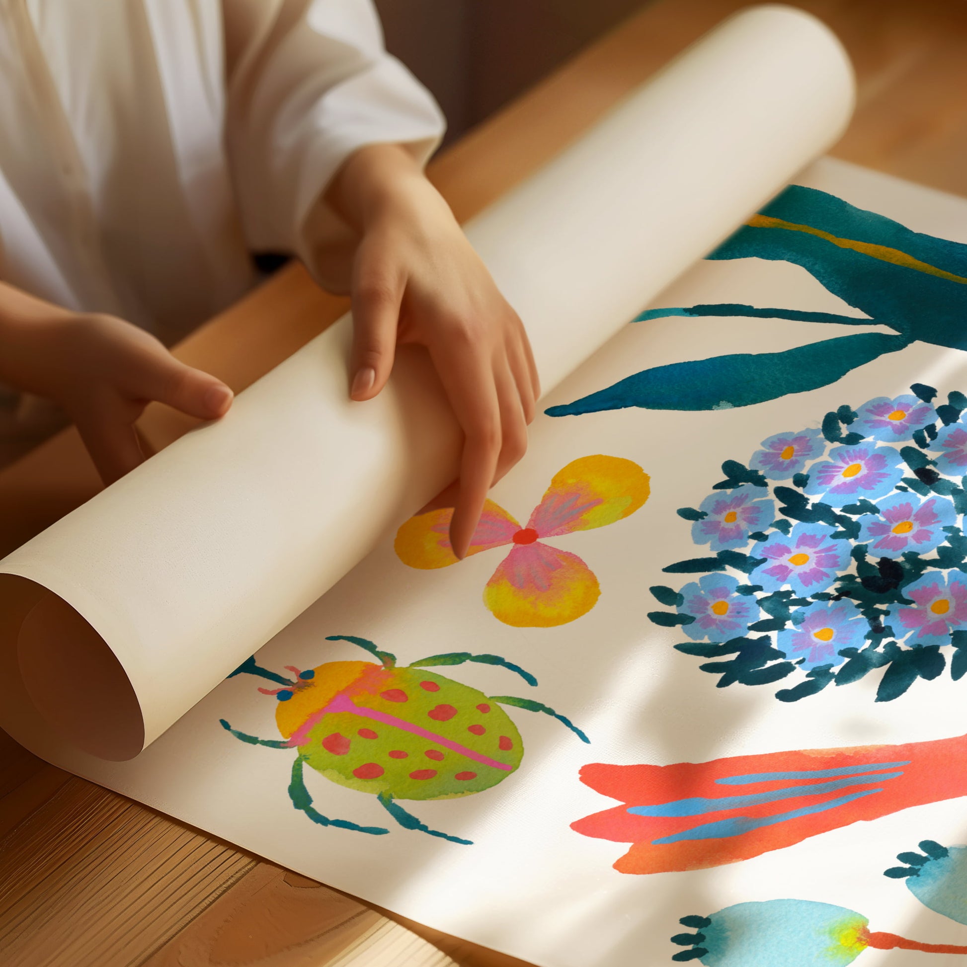 High-quality archival giclée art print by Sun Lee from the "Whispers of Spring" collection, featuring vibrant watercolor and gouache illustration of flowers, birds, and butterflies. Perfect for modern boho, Scandinavian, and nature-inspired homes, as well as eclectic and minimalist spaces. Ideal for nurseries and children's rooms, bringing color, joy, and tranquility to any space.