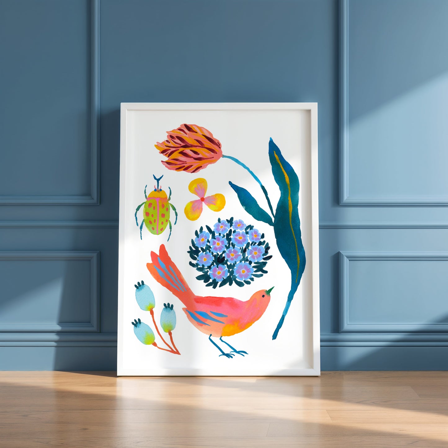 High-quality archival giclée art print by Sun Lee from the "Whispers of Spring" collection, featuring vibrant watercolor and gouache illustration of flowers, birds, and butterflies. Perfect for modern boho, Scandinavian, and nature-inspired homes, as well as eclectic and minimalist spaces. Ideal for nurseries and children's rooms, bringing color, joy, and tranquility to any space.