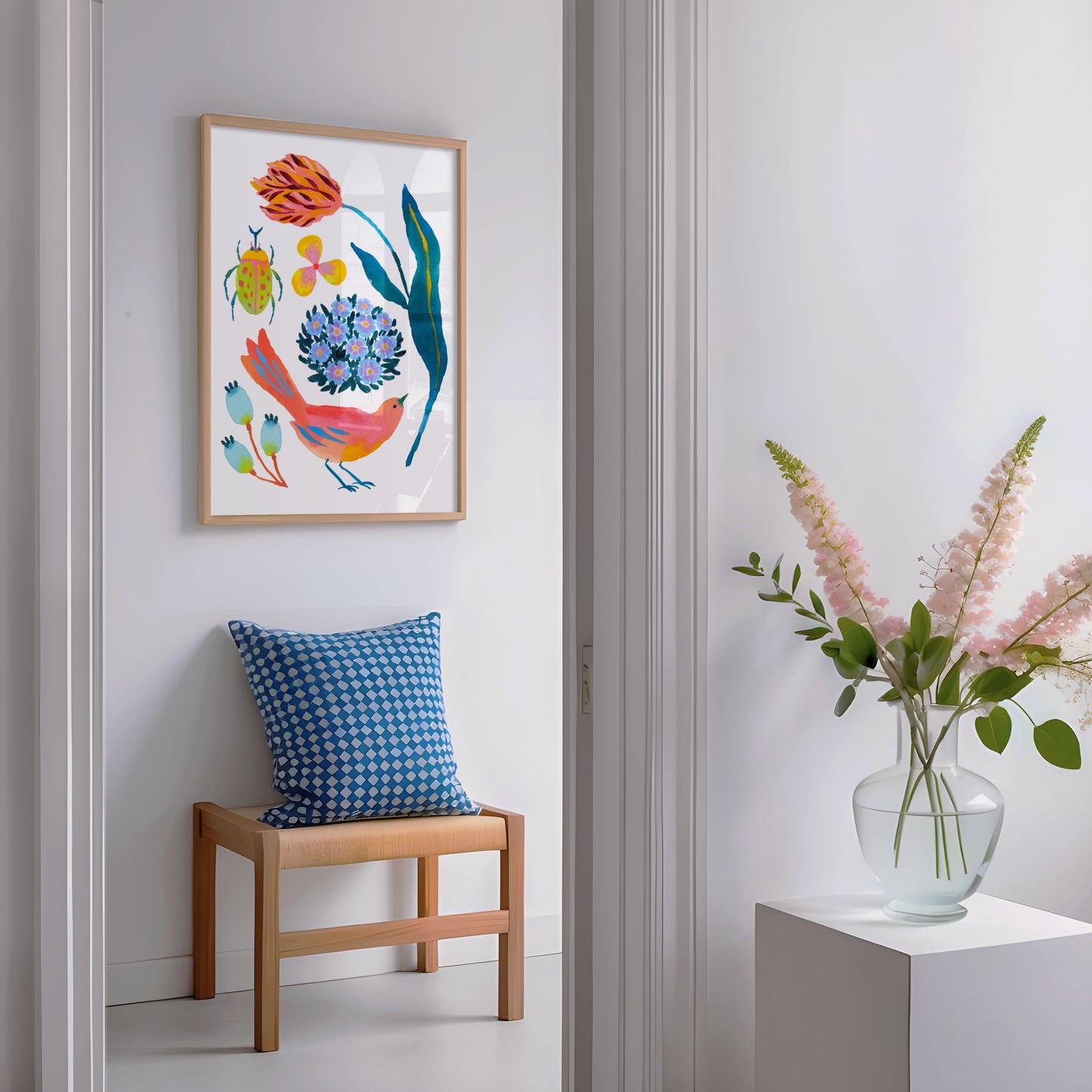 High-quality archival giclée art print by Sun Lee from the "Whispers of Spring" collection, featuring vibrant watercolor and gouache illustration of flowers, birds, and butterflies. Perfect for modern boho, Scandinavian, and nature-inspired homes, as well as eclectic and minimalist spaces. Ideal for nurseries and children's rooms, bringing color, joy, and tranquility to any space.
