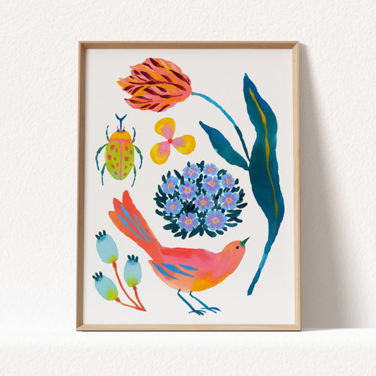 High-quality archival giclée art print by Sun Lee from the "Whispers of Spring" collection, featuring vibrant watercolor and gouache illustration of flowers, birds, and butterflies. Perfect for modern boho, Scandinavian, and nature-inspired homes, as well as eclectic and minimalist spaces. Ideal for nurseries and children's rooms, bringing color, joy, and tranquility to any space.
