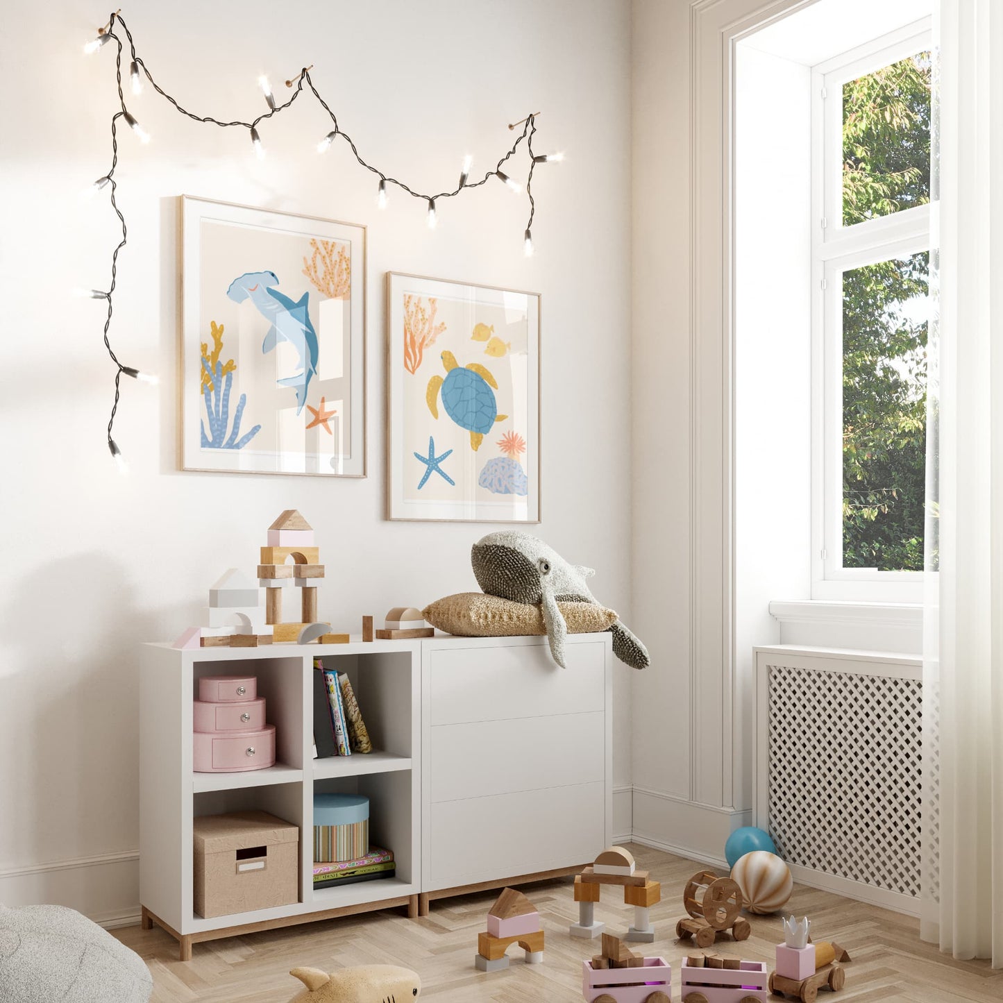 Cute ocean-themed art prints for children featuring a friendly sea turtle and hammer head shark – perfect for creating a fun and cohesive under-the-sea theme with other sea animal prints