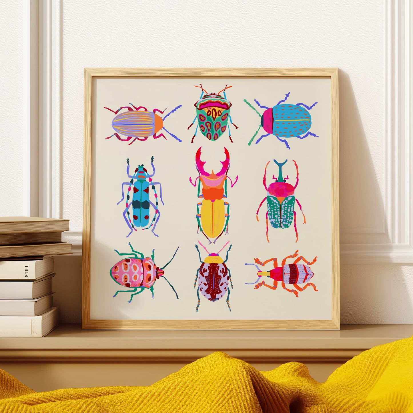 Vibrant illustration of a collection of beetles inspired by the Science Museum in Minneapolis – colorful and intricate nature art print for modern home decor