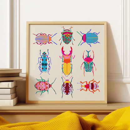 Vibrant illustration of a collection of beetles inspired by the Science Museum in Minneapolis – colorful and intricate nature art print for modern home decor