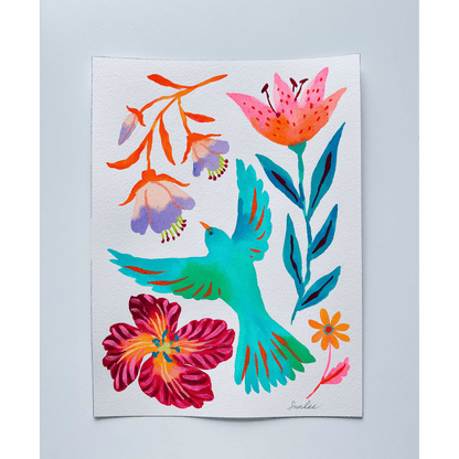 Original gouache, watercolor, and acrylic painting by Sun Lee from the 'Whispers of Spring' collection. This vibrant piece features a whimsical depiction of nature with bright flowers, butterflies, and birds, capturing the energy and beauty of spring. Perfect for nature lovers and those seeking aesthetic watercolor and gouache artwork, bringing joy and color to your space.