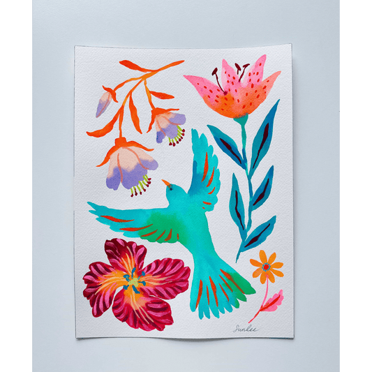 Original gouache, watercolor, and acrylic painting by Sun Lee from the 'Whispers of Spring' collection. This vibrant piece features a whimsical depiction of nature with bright flowers, butterflies, and birds, capturing the energy and beauty of spring. Perfect for nature lovers and those seeking aesthetic watercolor and gouache artwork, bringing joy and color to your space.