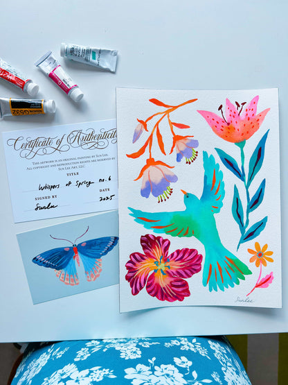 Original gouache, watercolor, and acrylic painting by Sun Lee from the 'Whispers of Spring' collection. This vibrant piece features a whimsical depiction of nature with bright flowers, butterflies, and birds, capturing the energy and beauty of spring. Perfect for nature lovers and those seeking aesthetic watercolor and gouache artwork, bringing joy and color to your space.