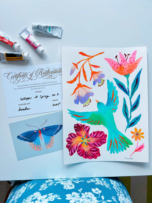 Original gouache, watercolor, and acrylic painting by Sun Lee from the 'Whispers of Spring' collection. This vibrant piece features a whimsical depiction of nature with bright flowers, butterflies, and birds, capturing the energy and beauty of spring. Perfect for nature lovers and those seeking aesthetic watercolor and gouache artwork, bringing joy and color to your space.