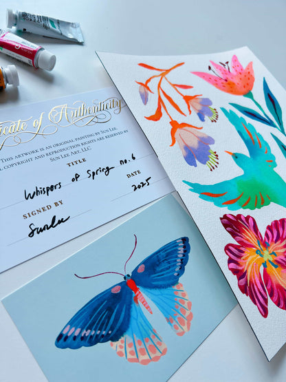 Original gouache, watercolor, and acrylic painting by Sun Lee from the 'Whispers of Spring' collection. This vibrant piece features a whimsical depiction of nature with bright flowers, butterflies, and birds, capturing the energy and beauty of spring. Perfect for nature lovers and those seeking aesthetic watercolor and gouache artwork, bringing joy and color to your space.