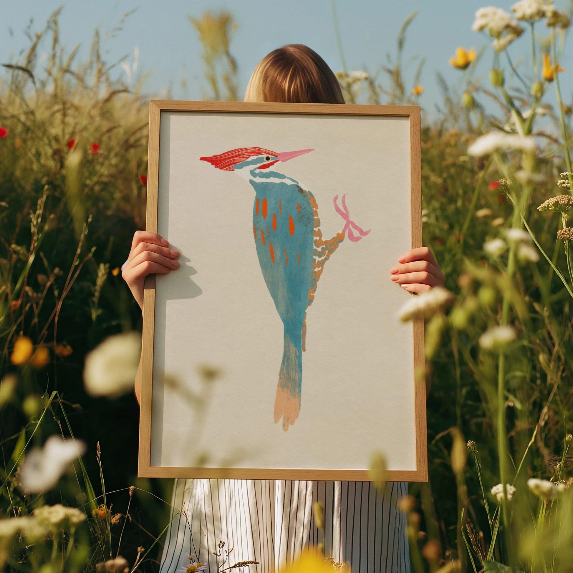 A whimsical art print of a Pileated Woodpecker, illustrated in vibrant colors and playful details. The bird is perched in a natural setting, capturing its bold features and lively spirit—an artistic tribute to this striking forest visitor.
