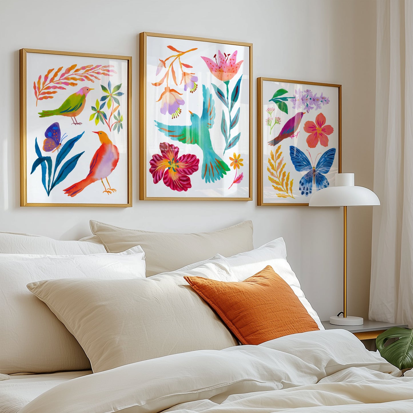 High-quality giclée prints by Sun Lee from the "Whispers of Spring" collection, featuring vibrant watercolor and gouache painting of flowers, birds, butterflies, and insects. This aesthetic watercolor artwork brings color, joy, and tranquility to any space. Ideal for modern boho, Scandinavian, nature-inspired, eclectic, and minimalist homes—perfect for nurseries and children's rooms.

