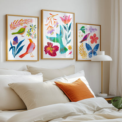 High-quality giclée prints by Sun Lee from the "Whispers of Spring" collection, featuring vibrant watercolor and gouache painting of flowers, birds, butterflies, and insects. This aesthetic watercolor artwork brings color, joy, and tranquility to any space. Ideal for modern boho, Scandinavian, nature-inspired, eclectic, and minimalist homes—perfect for nurseries and children's rooms.

