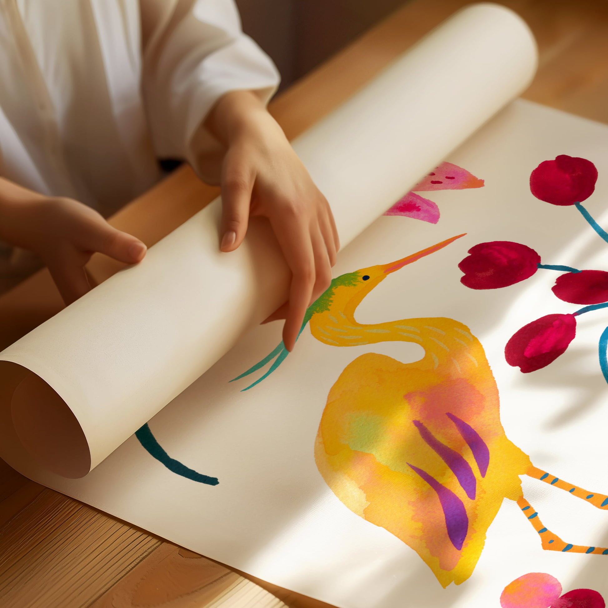 High-quality archival giclée art print by Sun Lee from the "Whispers of Spring" collection, featuring vibrant watercolor and gouache illustration of flowers, birds, and butterflies. Perfect for modern boho, Scandinavian, and nature-inspired homes, as well as eclectic and minimalist spaces. Ideal for nurseries and children's rooms, bringing color, joy, and tranquility to any space.