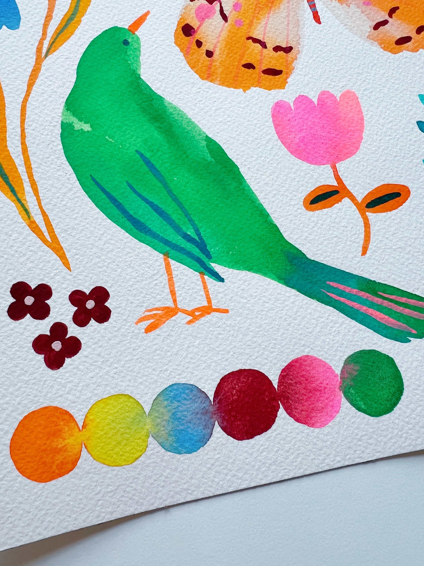 Original gouache, watercolor, and acrylic painting by Sun Lee from the 'Whispers of Spring' collection. This vibrant piece features a whimsical depiction of nature with bright flowers, butterflies, and birds, capturing the energy and beauty of spring. Perfect for nature lovers and those seeking aesthetic watercolor and gouache artwork, bringing joy and color to your space.