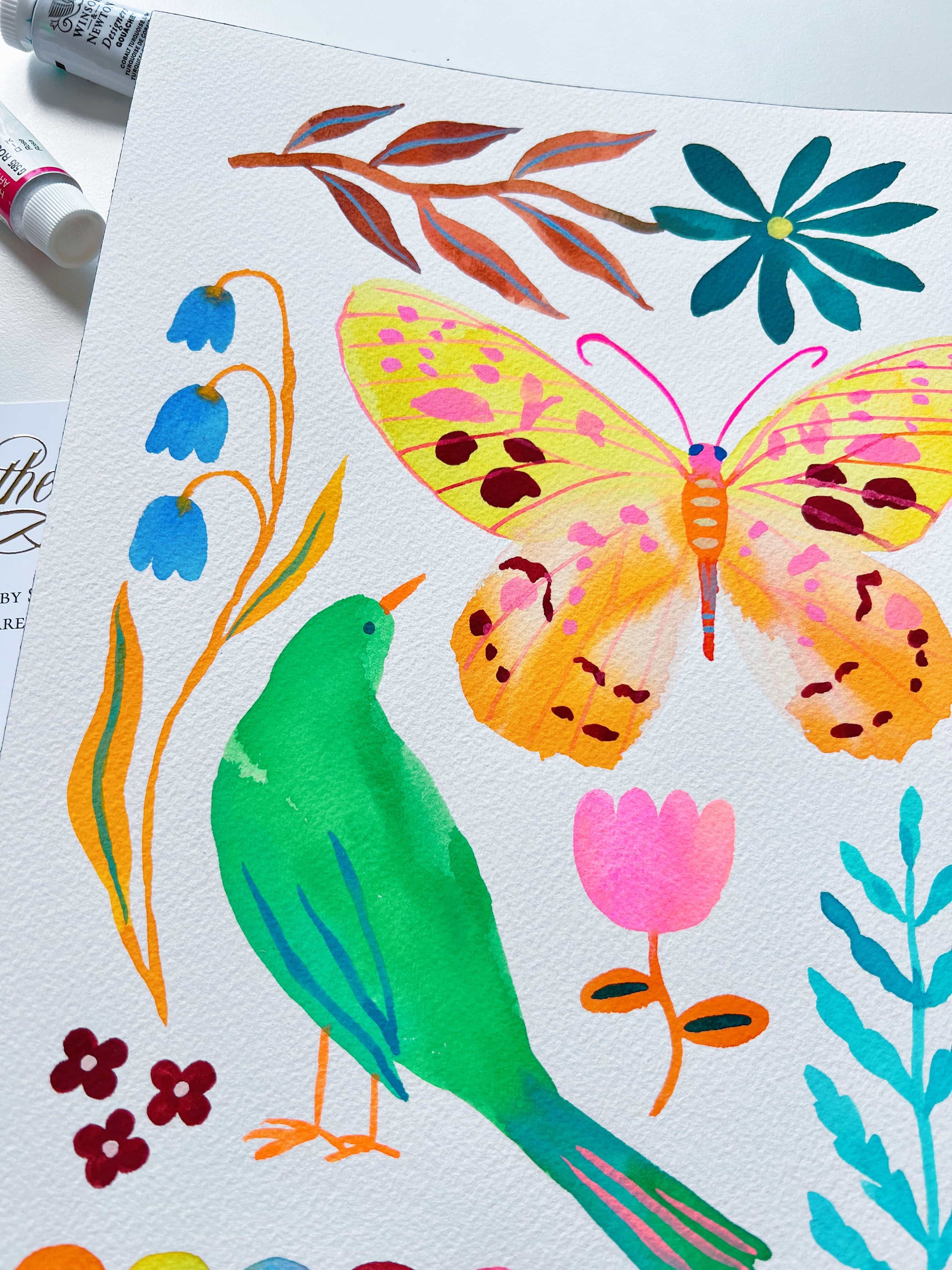 Original gouache, watercolor, and acrylic painting by Sun Lee from the 'Whispers of Spring' collection. This vibrant piece features a whimsical depiction of nature with bright flowers, butterflies, and birds, capturing the energy and beauty of spring. Perfect for nature lovers and those seeking aesthetic watercolor and gouache artwork, bringing joy and color to your space.